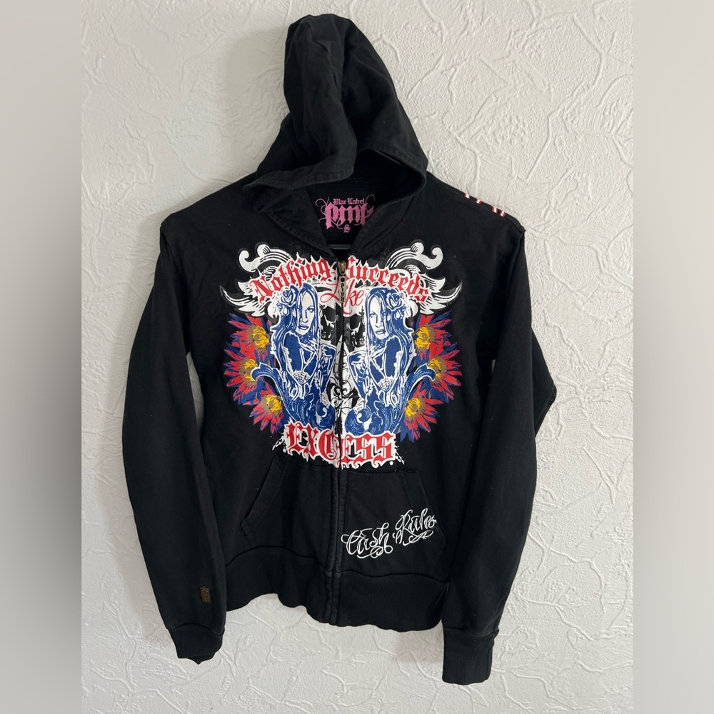VTG Y2K Blac Label Hoodie Punk Goth Emo Cyber Red Spine Skater Zip-Up | Size: S